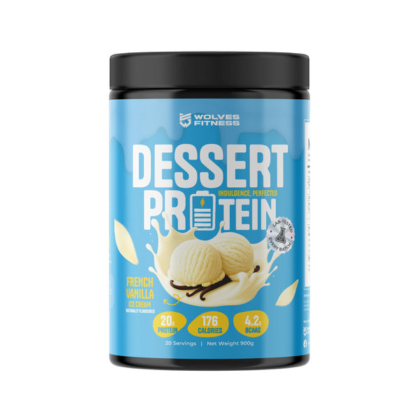 Wolves Fitness Dessert Protein container with blue label and black lid on a white background